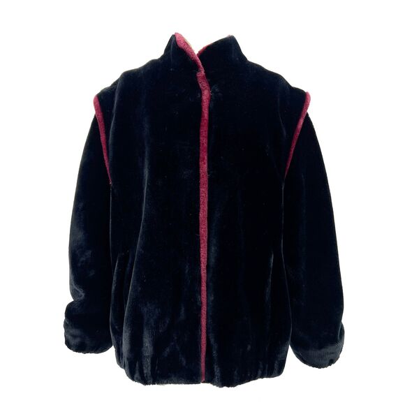 Vintage 1980s Andrea Ungar Disco Mod Plush Black & Wine Red Fur Coat